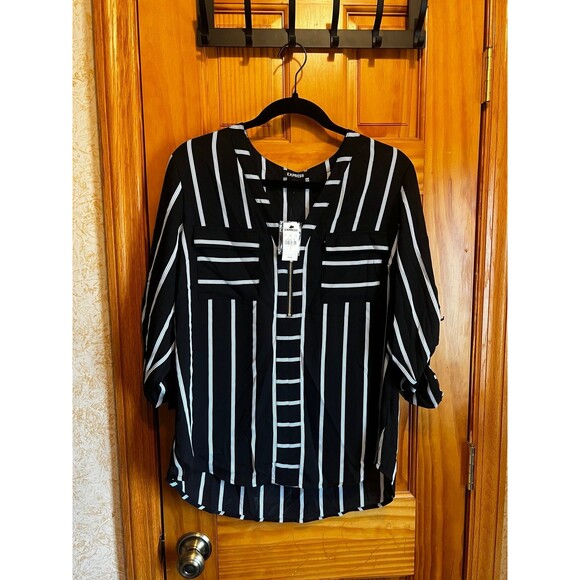 NWT Express Women's Zip Up V Neck Long Sleeve Chiffon Blouse Top - Picture 1 of 4